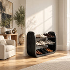 Rounded Slab End Shoe Rack, Three Level Open Solid Wood Entryway Shoe Shelf with Thick Curved Sides