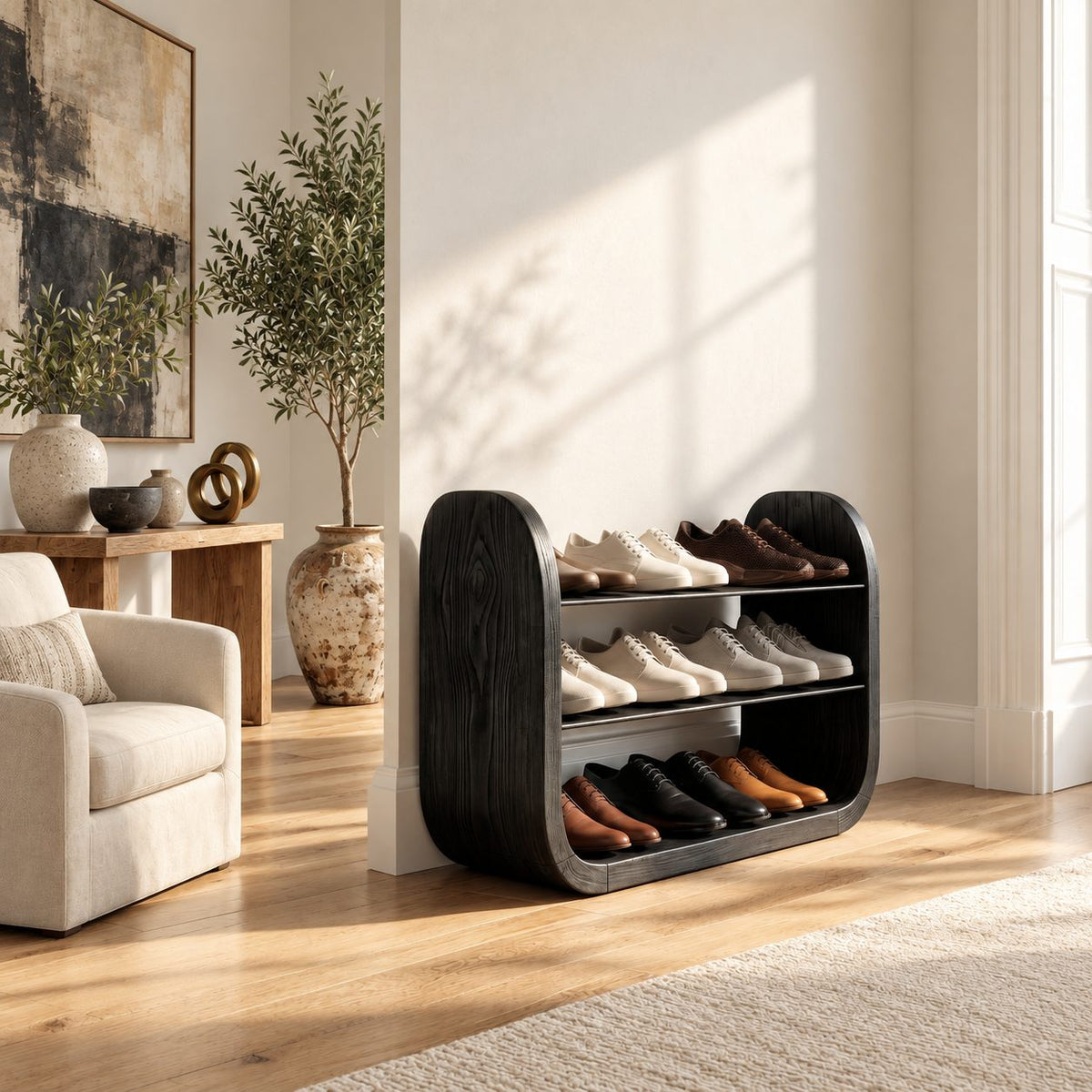 Rounded Slab End Shoe Rack, Three Level Open Solid Wood Entryway Shoe Shelf with Thick Curved Sides