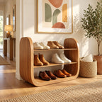 Rounded Slab End Shoe Rack, Three Level Open Solid Wood Entryway Shoe Shelf with Thick Curved Sides