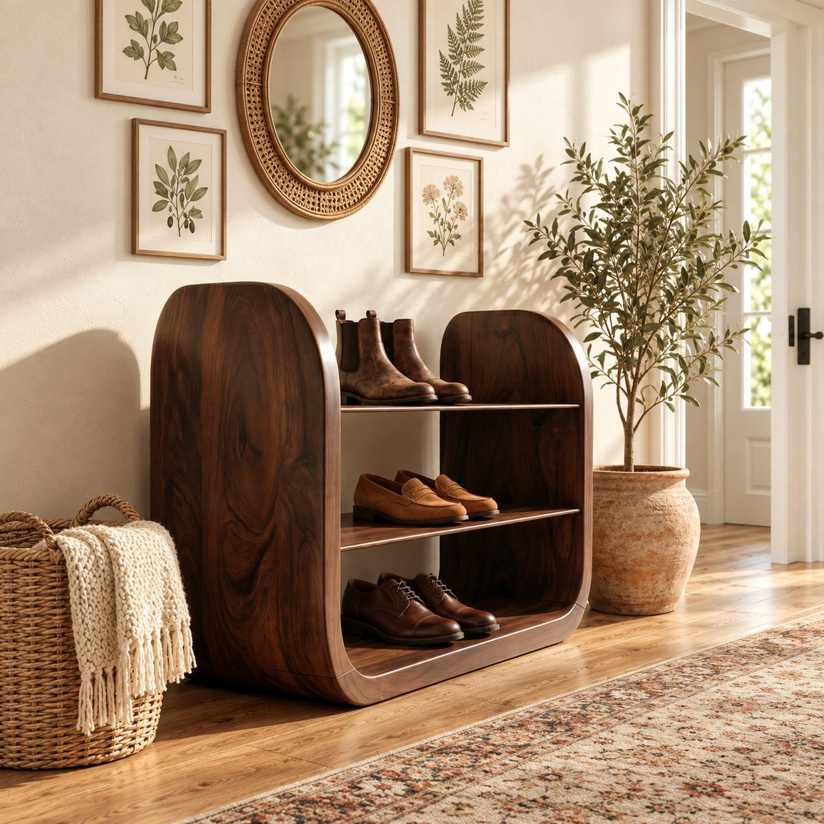 Rounded Slab End Shoe Rack, Three Level Open Solid Wood Entryway Shoe Shelf with Thick Curved Sides