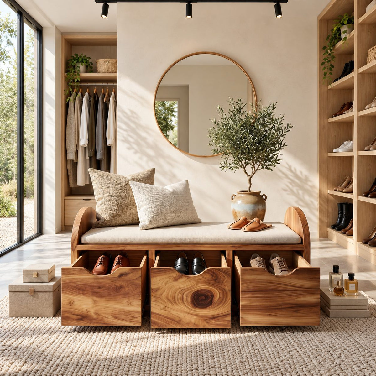 Arched End Storage Bench with Three Pull Out Drawers, Solid Wood Entryway Shoe Storage Bench