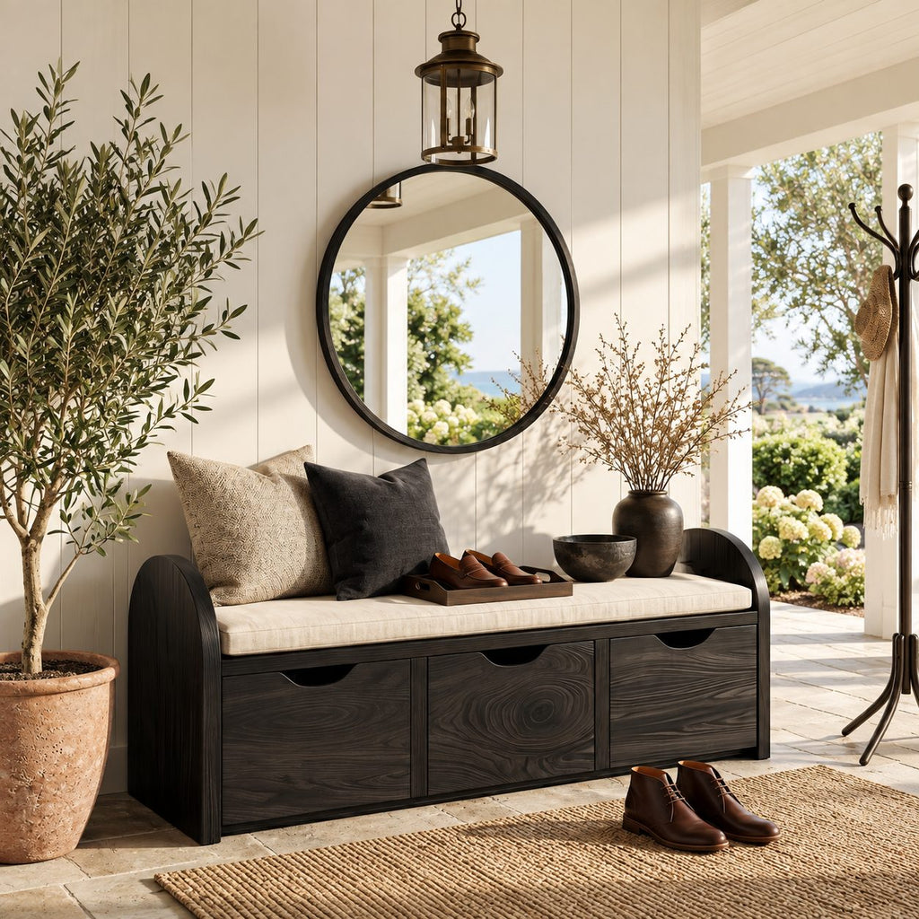 Arched End Storage Bench with Three Pull Out Drawers, Solid Wood Entryway Shoe Storage Bench