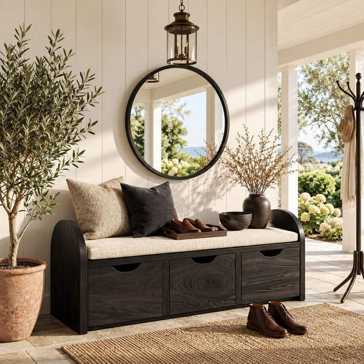 Arched End Storage Bench with Three Pull Out Drawers, Solid Wood Entryway Shoe Storage Bench