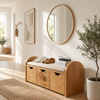 Arched End Storage Bench with Three Pull Out Drawers, Solid Wood Entryway Shoe Storage Bench