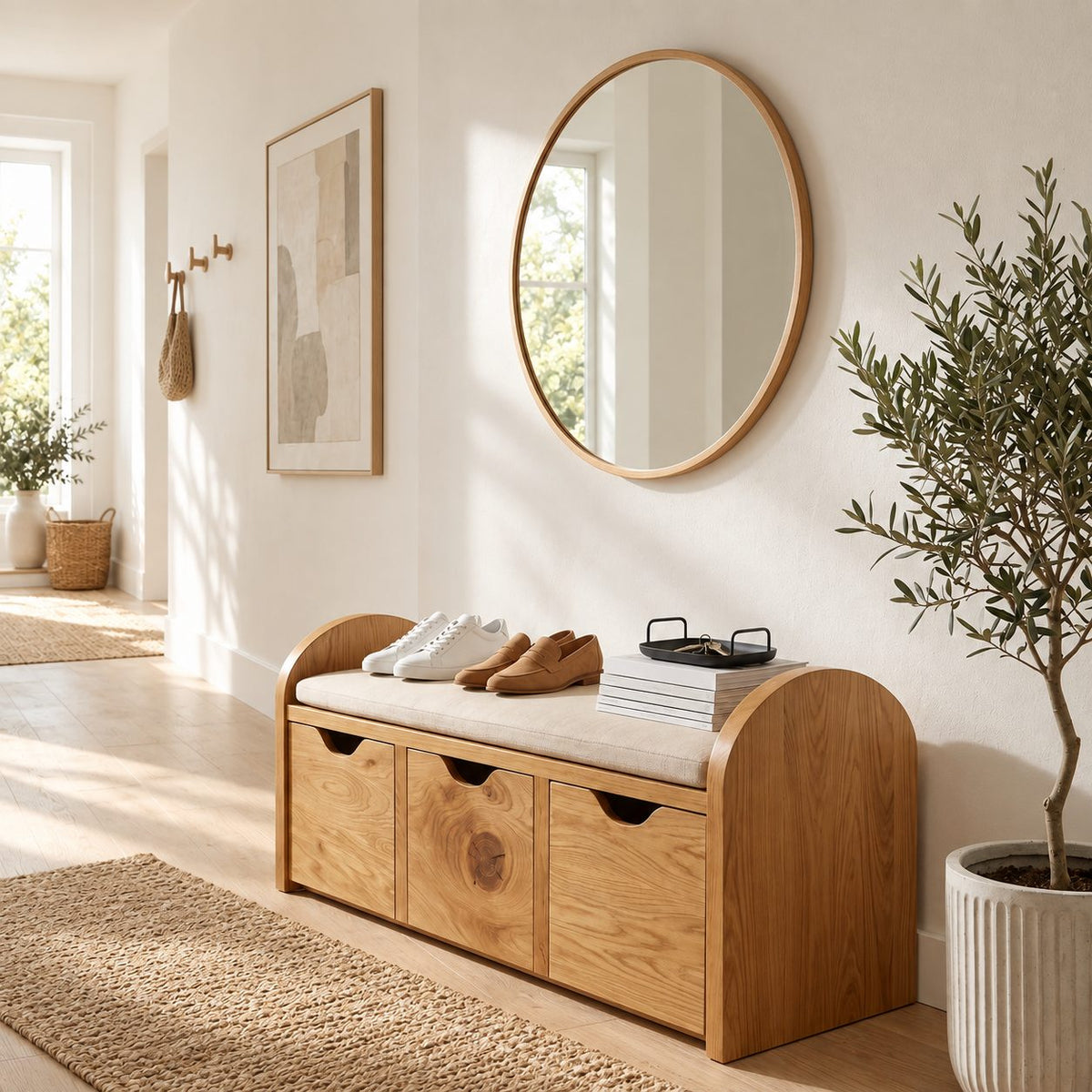 Arched End Storage Bench with Three Pull Out Drawers, Solid Wood Entryway Shoe Storage Bench