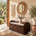 Arched End Storage Bench with Three Pull Out Drawers, Solid Wood Entryway Shoe Storage Bench