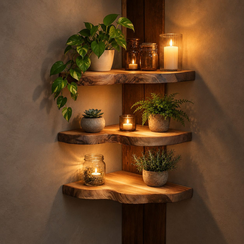Corner Shelf, Live Edge Solid Wood Floating Corner Shelf with Rounded Front for Plants and Candles