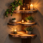 Corner Shelf, Live Edge Solid Wood Floating Corner Shelf with Rounded Front for Plants and Candles