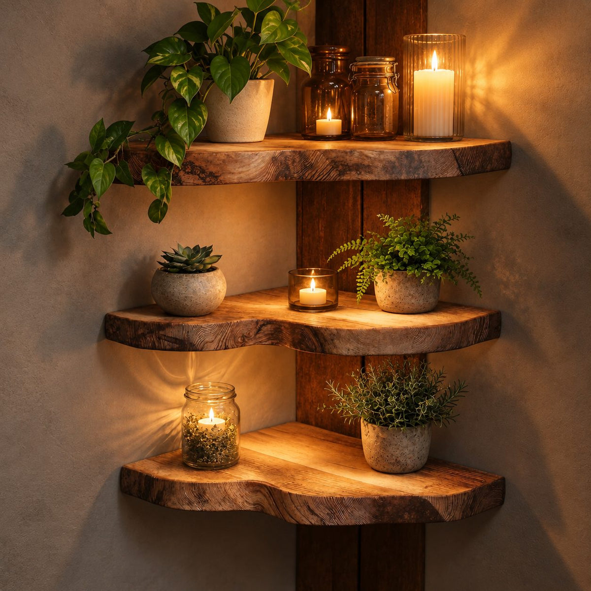 Corner Shelf, Live Edge Solid Wood Floating Corner Shelf with Rounded Front for Plants and Candles