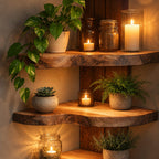 Corner Shelf, Live Edge Solid Wood Floating Corner Shelf with Rounded Front for Plants and Candles