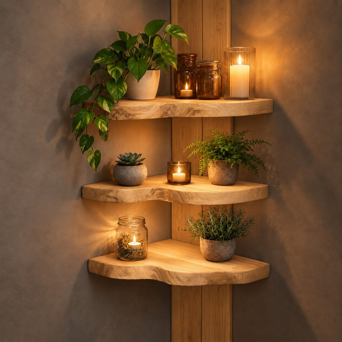 Corner Shelf, Live Edge Solid Wood Floating Corner Shelf with Rounded Front for Plants and Candles