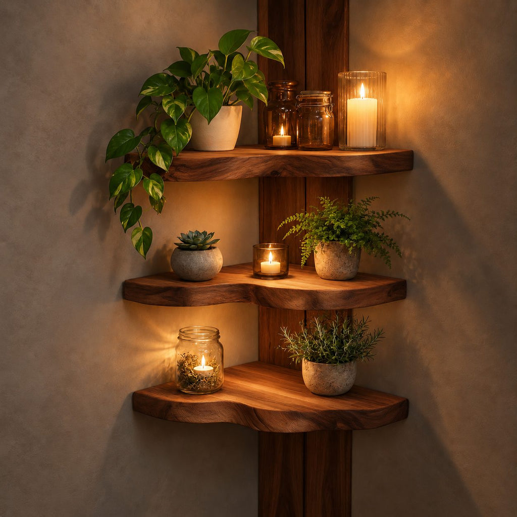 Corner Shelf, Live Edge Solid Wood Floating Corner Shelf with Rounded Front for Plants and Candles