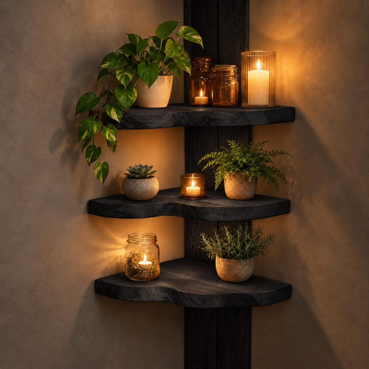 Corner Shelf, Live Edge Solid Wood Floating Corner Shelf with Rounded Front for Plants and Candles