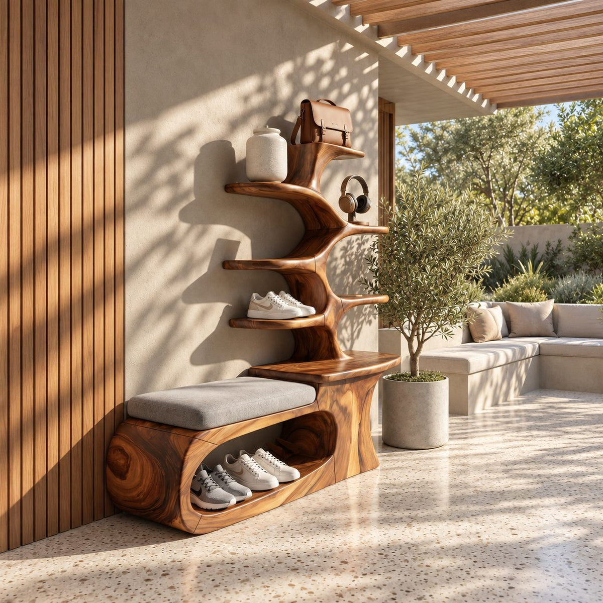 Loop Base Shoe Bench with Tree Branch Shelf Tower, Sculpted Solid Wood Entryway Seat and Shoe Storage