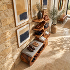 Loop Base Shoe Bench with Tree Branch Shelf Tower, Sculpted Solid Wood Entryway Seat and Shoe Storage