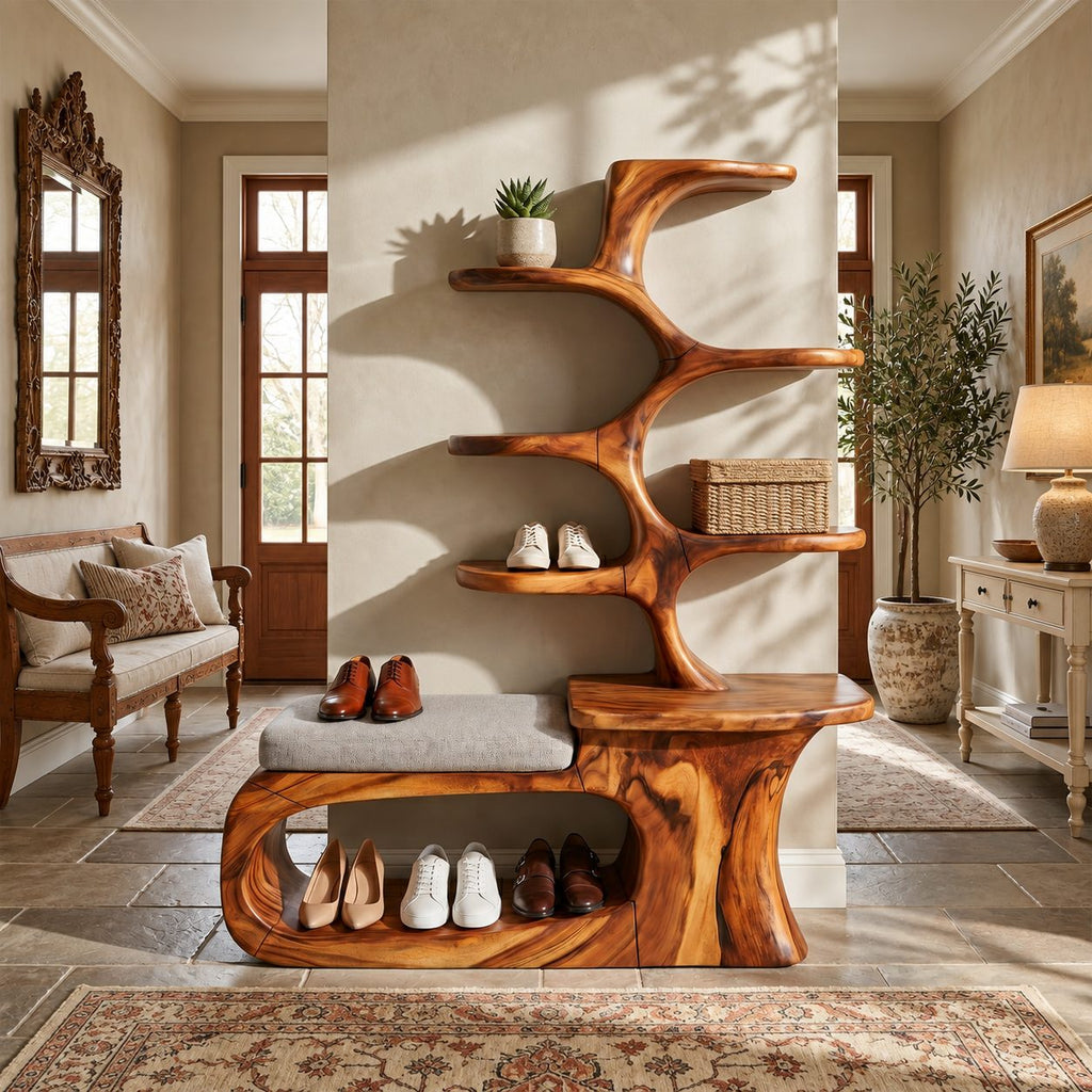 Loop Base Shoe Bench with Tree Branch Shelf Tower, Sculpted Solid Wood Entryway Seat and Shoe Storage