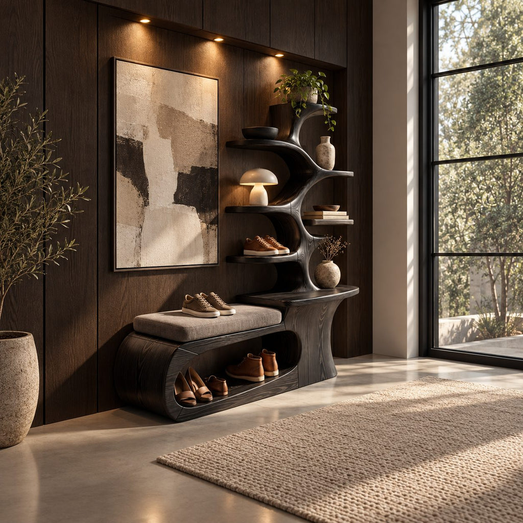 Loop Base Shoe Bench with Tree Branch Shelf Tower, Sculpted Solid Wood Entryway Seat and Shoe Storage