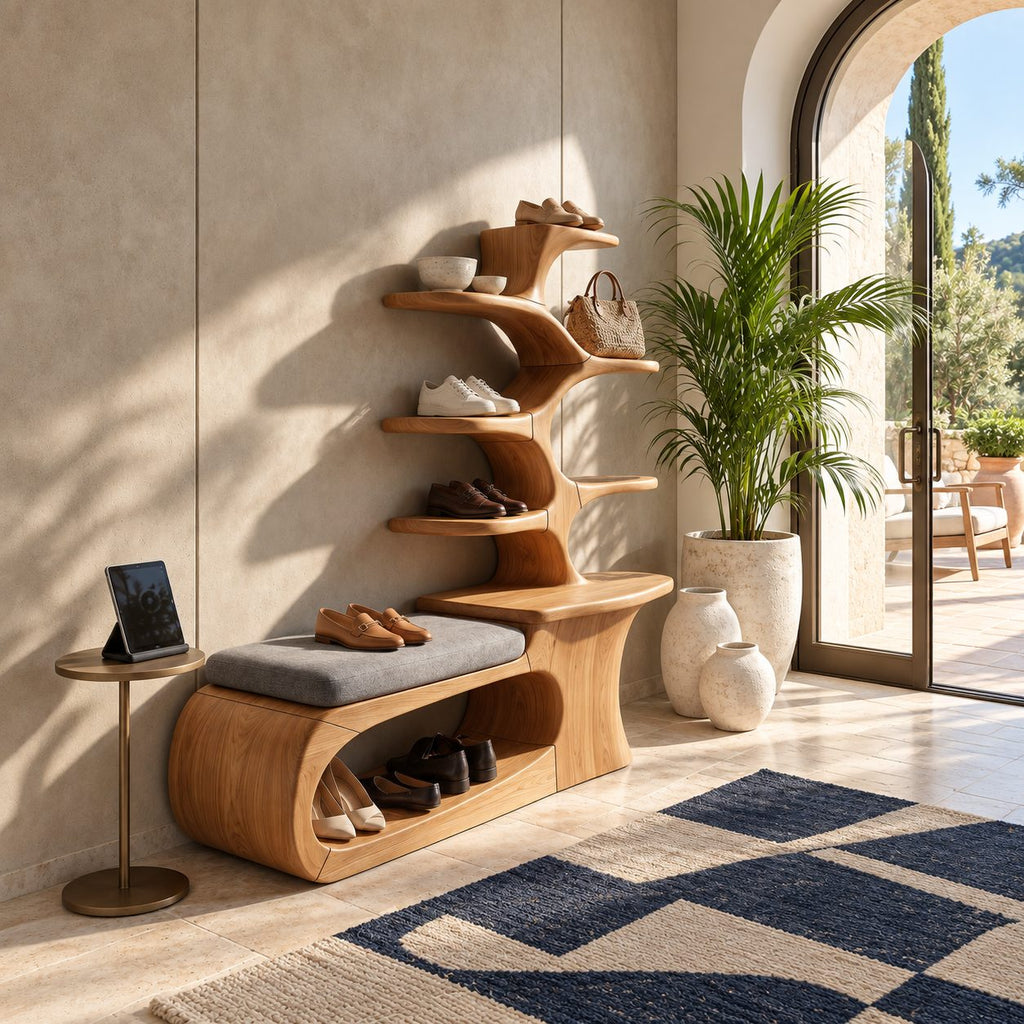 Loop Base Shoe Bench with Tree Branch Shelf Tower, Sculpted Solid Wood Entryway Seat and Shoe Storage