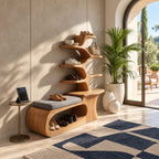 Loop Base Shoe Bench with Tree Branch Shelf Tower, Sculpted Solid Wood Entryway Seat and Shoe Storage