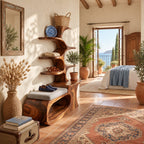 Loop Base Shoe Bench with Tree Branch Shelf Tower, Sculpted Solid Wood Entryway Seat and Shoe Storage