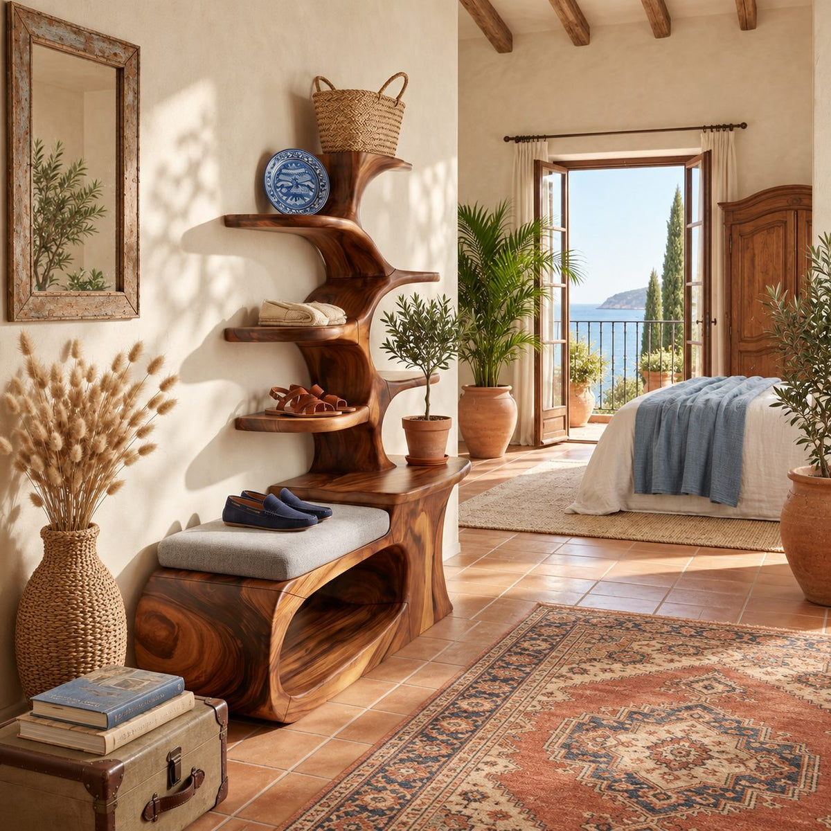 Loop Base Shoe Bench with Tree Branch Shelf Tower, Sculpted Solid Wood Entryway Seat and Shoe Storage