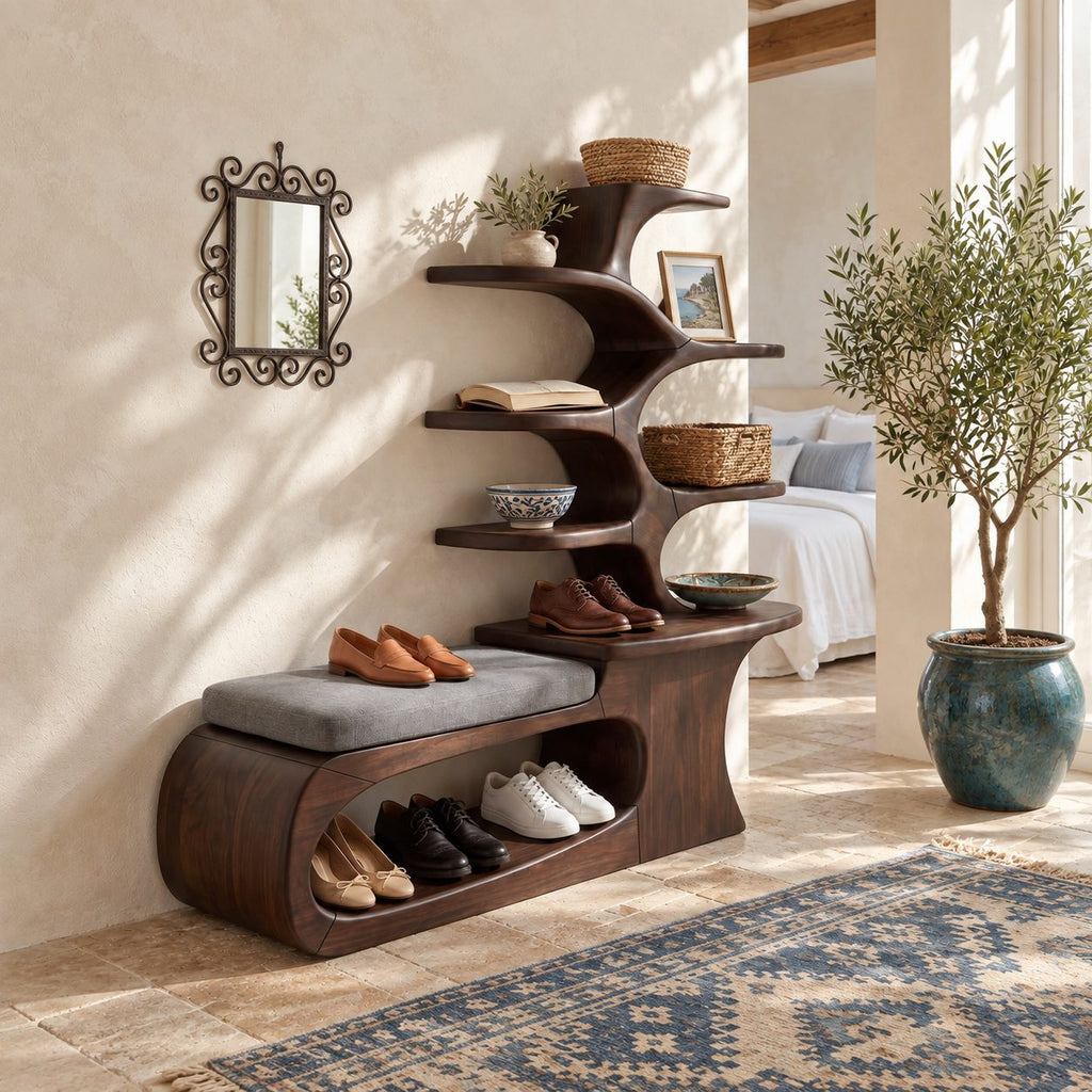 Loop Base Shoe Bench with Tree Branch Shelf Tower, Sculpted Solid Wood Entryway Seat and Shoe Storage