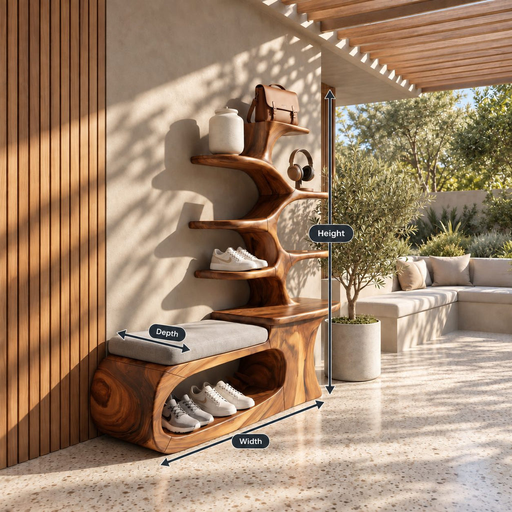 Loop Base Shoe Bench with Tree Branch Shelf Tower, Sculpted Solid Wood Entryway Seat and Shoe Storage