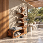 Loop Base Shoe Bench with Tree Branch Shelf Tower, Sculpted Solid Wood Entryway Seat and Shoe Storage