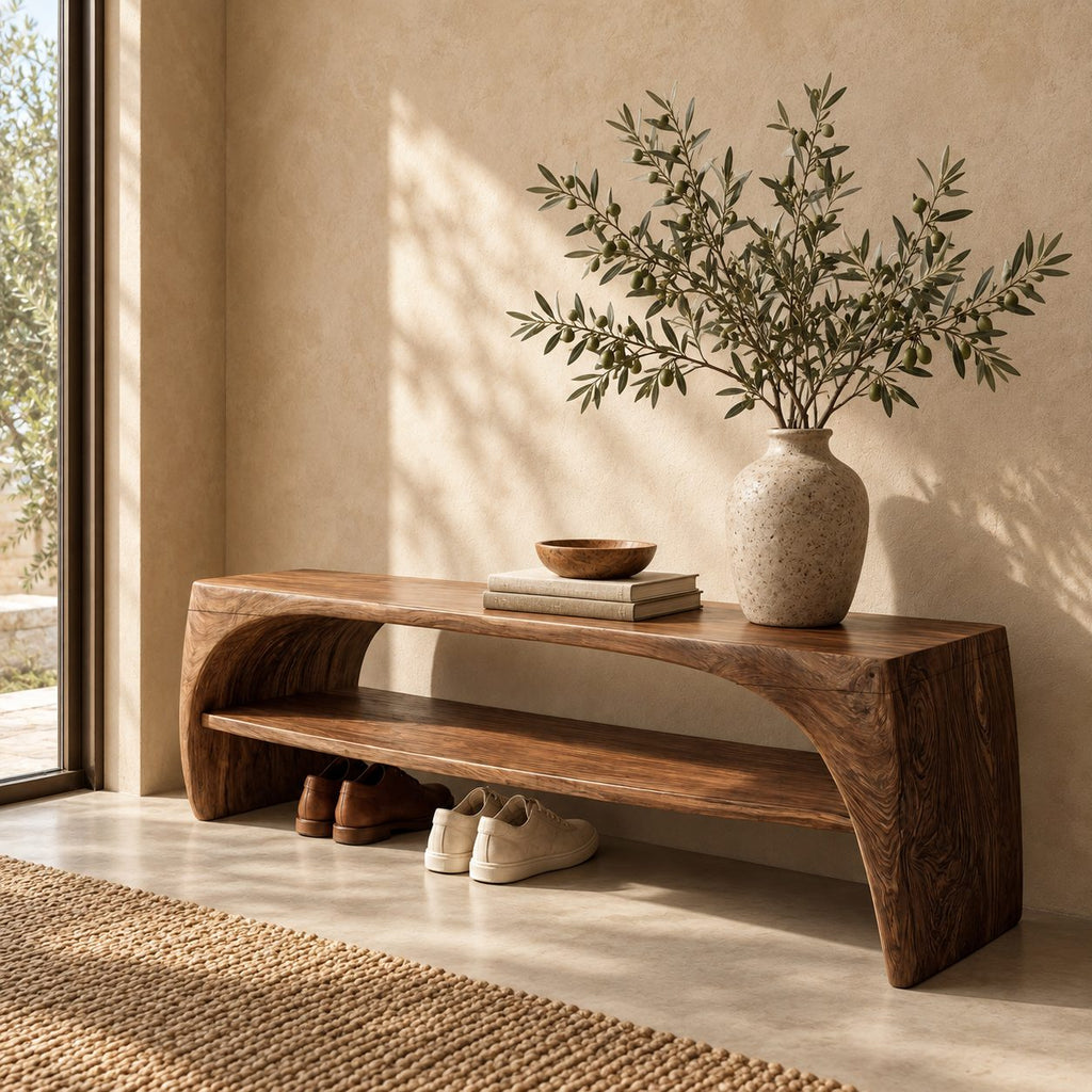 Arched Waterfall End Bench with Open Shoe Shelf, Solid Wood Entryway and End of Bed Bench