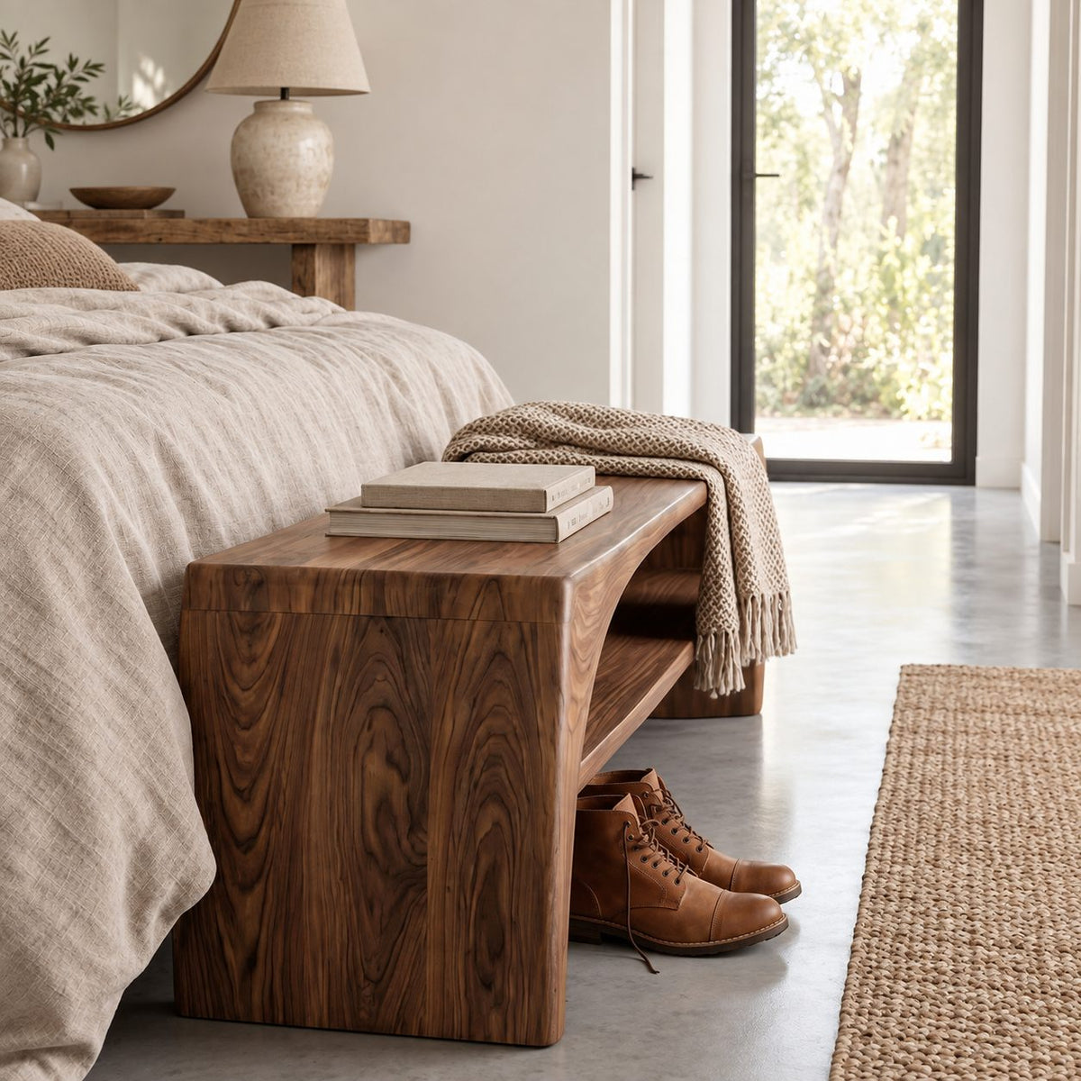 Arched Waterfall End Bench with Open Shoe Shelf, Solid Wood Entryway and End of Bed Bench