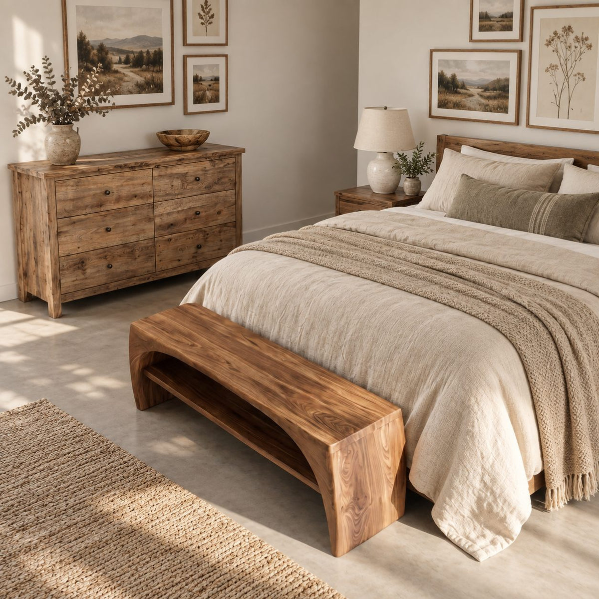 Arched Waterfall End Bench with Open Shoe Shelf, Solid Wood Entryway and End of Bed Bench