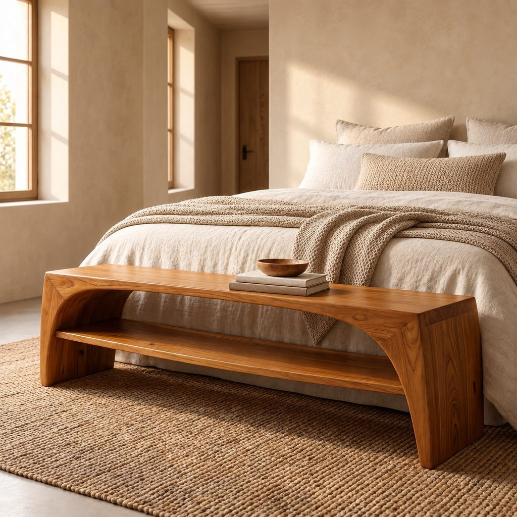 Arched Waterfall End Bench with Open Shoe Shelf, Solid Wood Entryway and End of Bed Bench