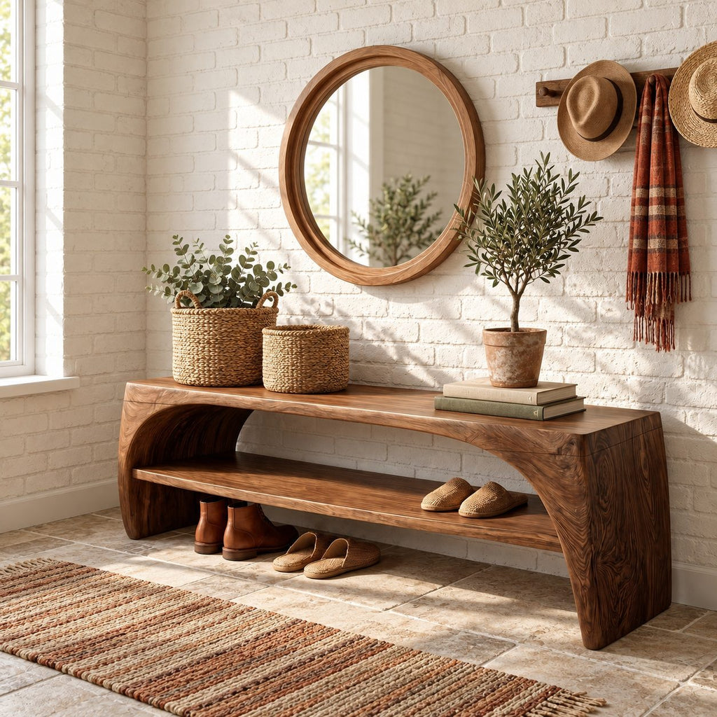 Arched Waterfall End Bench with Open Shoe Shelf, Solid Wood Entryway and End of Bed Bench
