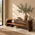 Arched Waterfall End Bench with Open Shoe Shelf, Solid Wood Entryway and End of Bed Bench