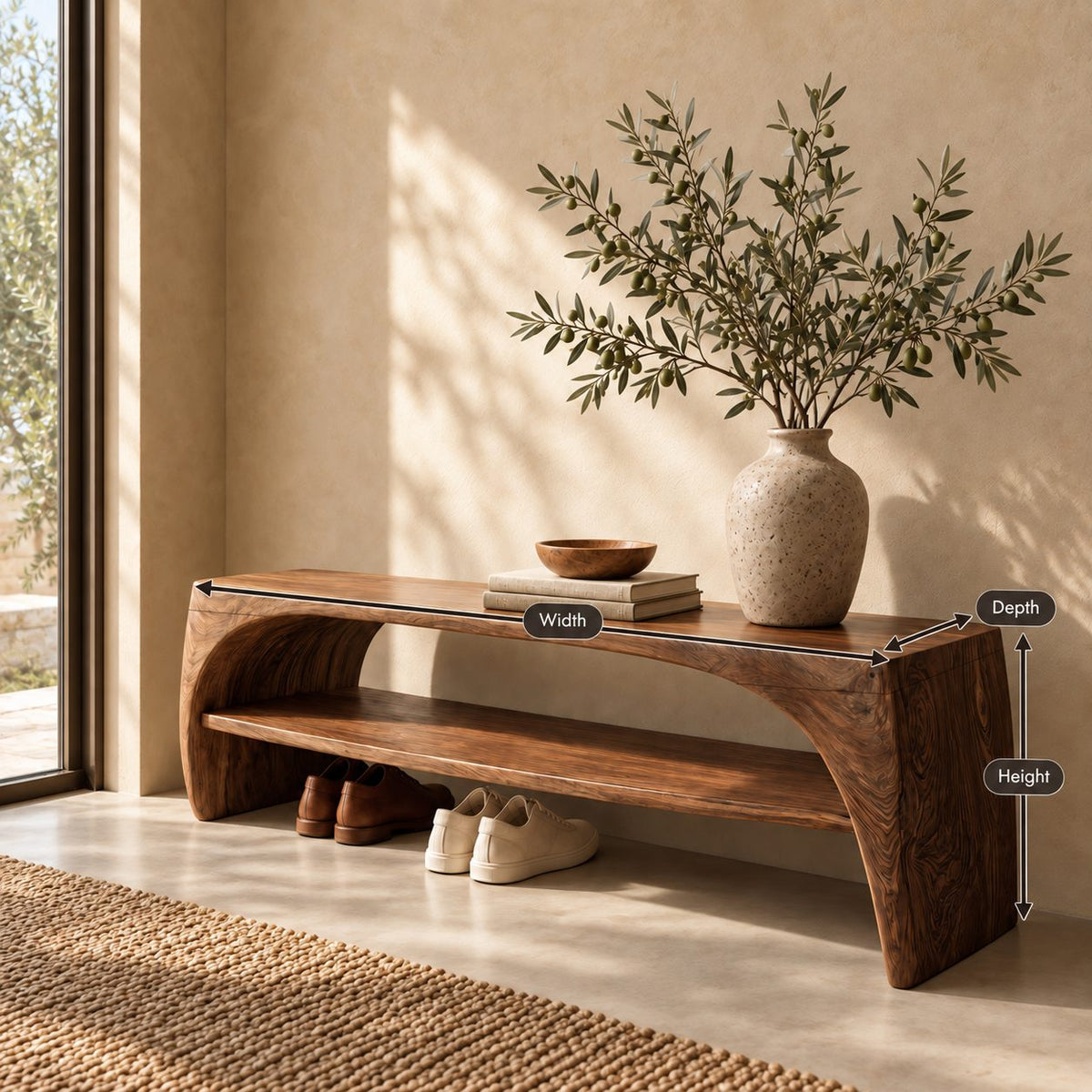 Arched Waterfall End Bench with Open Shoe Shelf, Solid Wood Entryway and End of Bed Bench