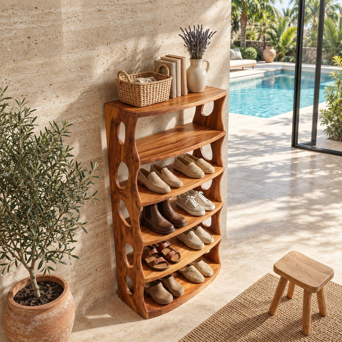 Oval Cutout Vertical Shoe Tower, Tall Solid Wood Shoe Rack with Wavy Sculpted Sides and Open Shelves