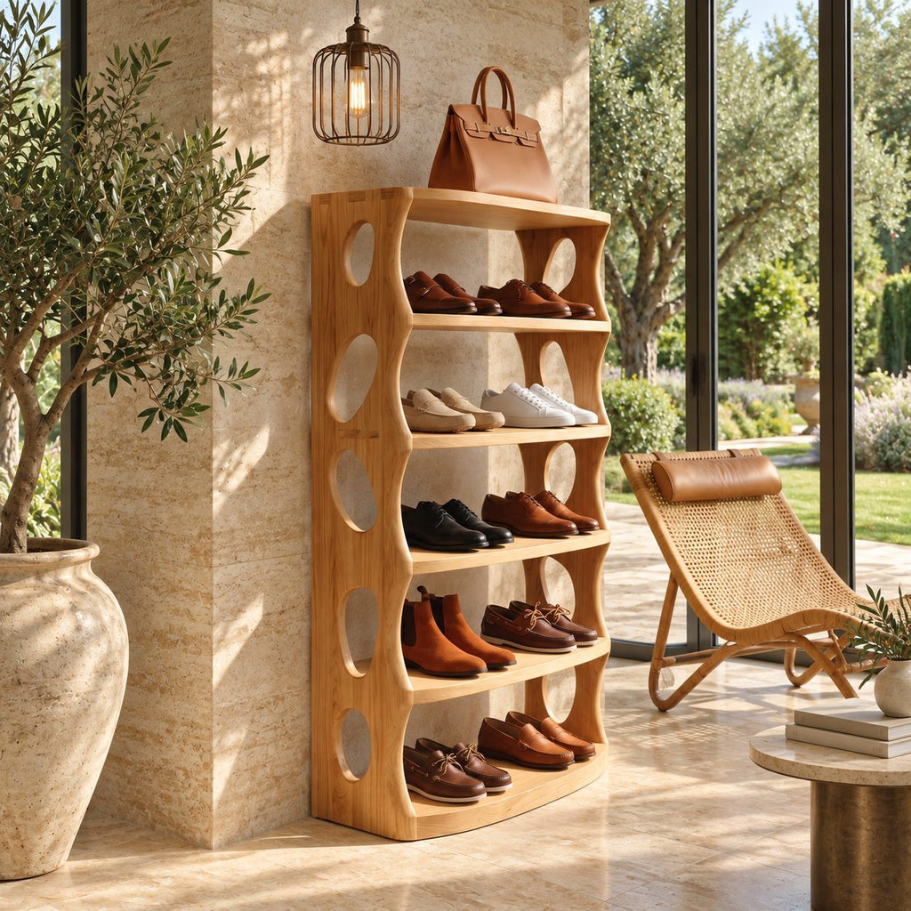 Oval Cutout Vertical Shoe Tower, Tall Solid Wood Shoe Rack with Wavy Sculpted Sides and Open Shelves