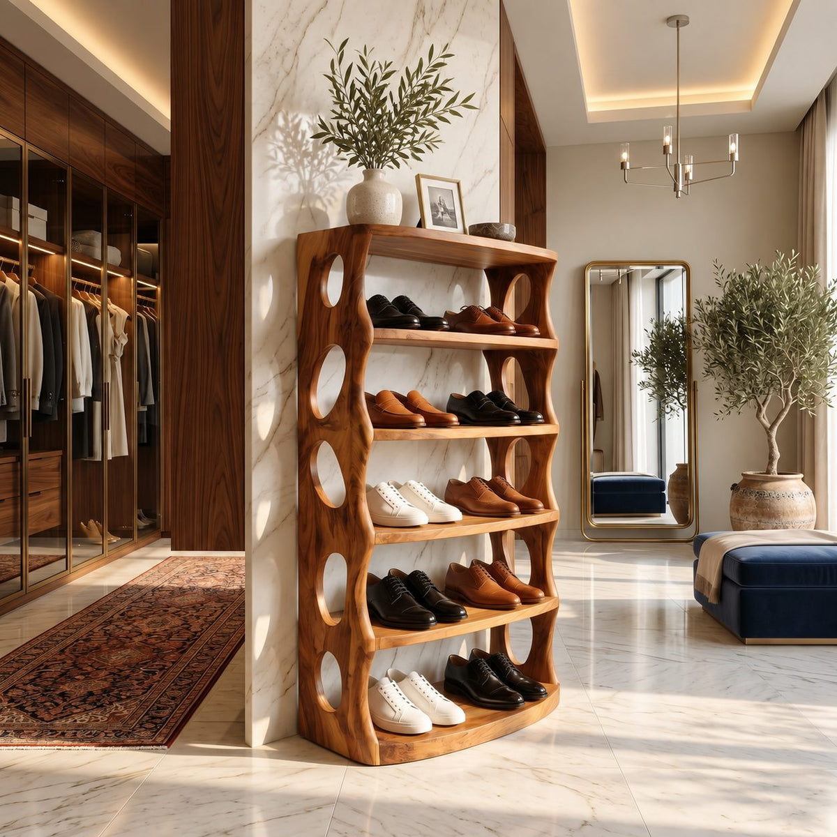 Oval Cutout Vertical Shoe Tower, Tall Solid Wood Shoe Rack with Wavy Sculpted Sides and Open Shelves