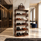 Oval Cutout Vertical Shoe Tower, Tall Solid Wood Shoe Rack with Wavy Sculpted Sides and Open Shelves