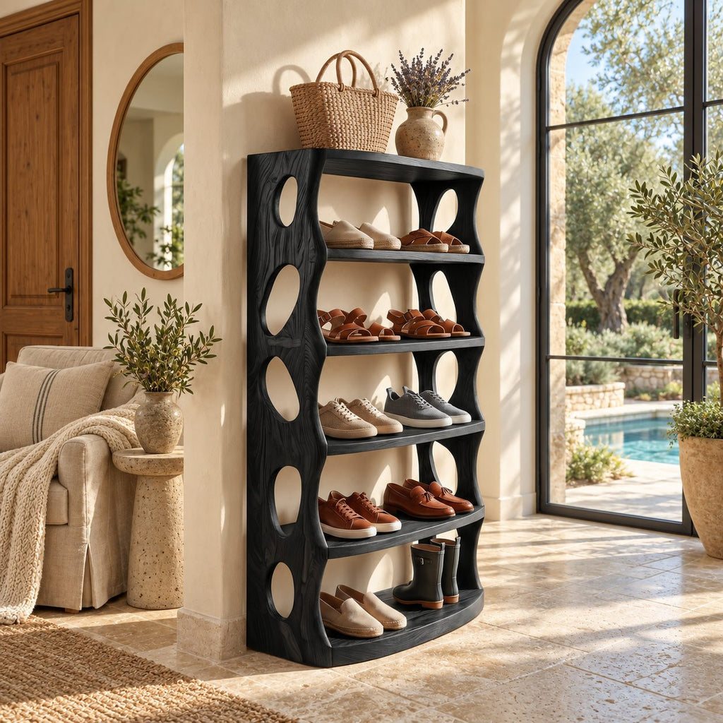 Oval Cutout Vertical Shoe Tower, Tall Solid Wood Shoe Rack with Wavy Sculpted Sides and Open Shelves