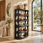 Oval Cutout Vertical Shoe Tower, Tall Solid Wood Shoe Rack with Wavy Sculpted Sides and Open Shelves