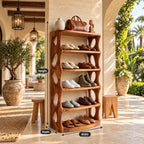 Oval Cutout Vertical Shoe Tower, Tall Solid Wood Shoe Rack with Wavy Sculpted Sides and Open Shelves