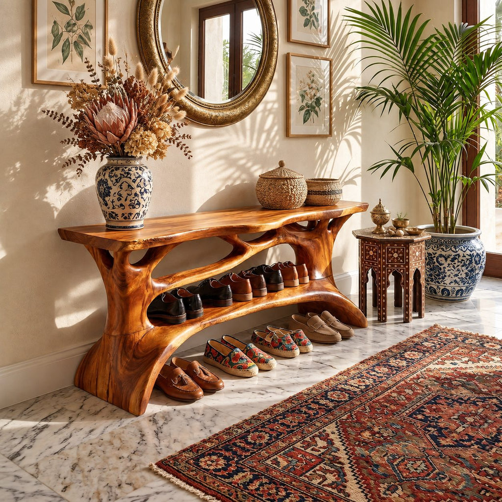 Carved Branch Entryway Shoe Rack, Organic Solid Wood Tree Form Shoe Shelf with Two Open Tiers