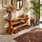 Carved Branch Entryway Shoe Rack, Organic Solid Wood Tree Form Shoe Shelf with Two Open Tiers