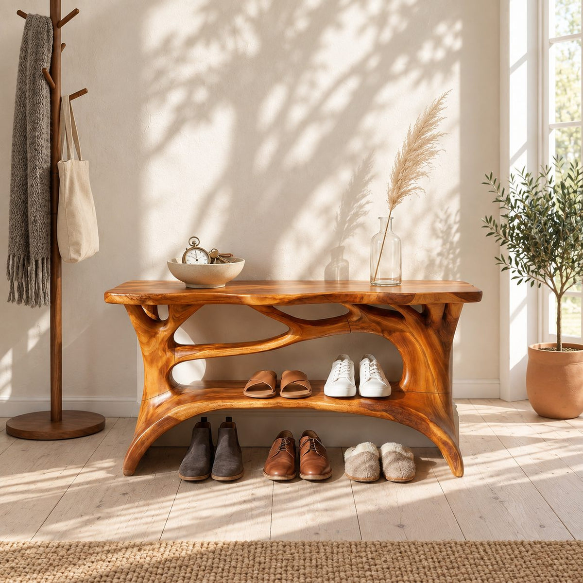 Carved Branch Entryway Shoe Rack, Organic Solid Wood Tree Form Shoe Shelf with Two Open Tiers
