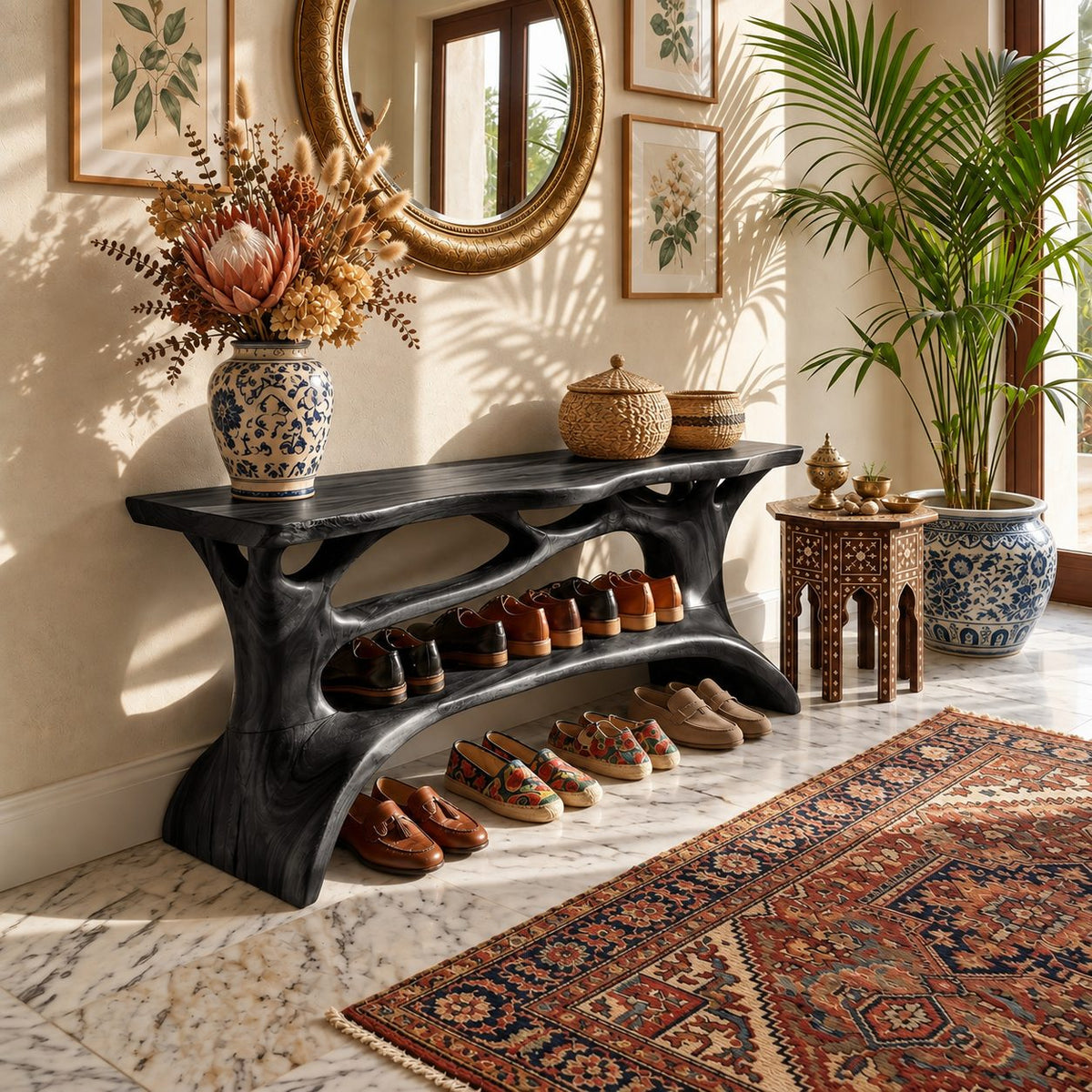 Carved Branch Entryway Shoe Rack, Organic Solid Wood Tree Form Shoe Shelf with Two Open Tiers