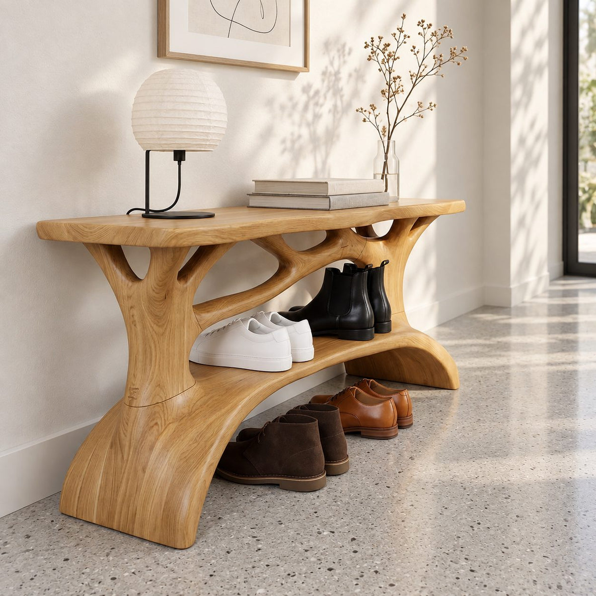 Carved Branch Entryway Shoe Rack, Organic Solid Wood Tree Form Shoe Shelf with Two Open Tiers