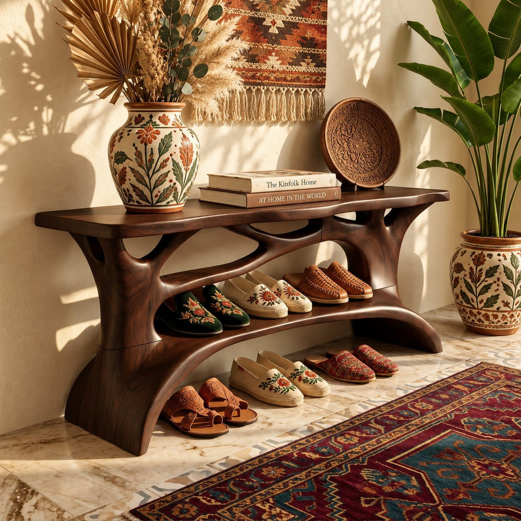 Carved Branch Entryway Shoe Rack, Organic Solid Wood Tree Form Shoe Shelf with Two Open Tiers