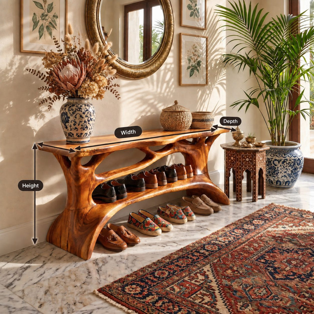 Carved Branch Entryway Shoe Rack, Organic Solid Wood Tree Form Shoe Shelf with Two Open Tiers
