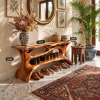 Carved Branch Entryway Shoe Rack, Organic Solid Wood Tree Form Shoe Shelf with Two Open Tiers
